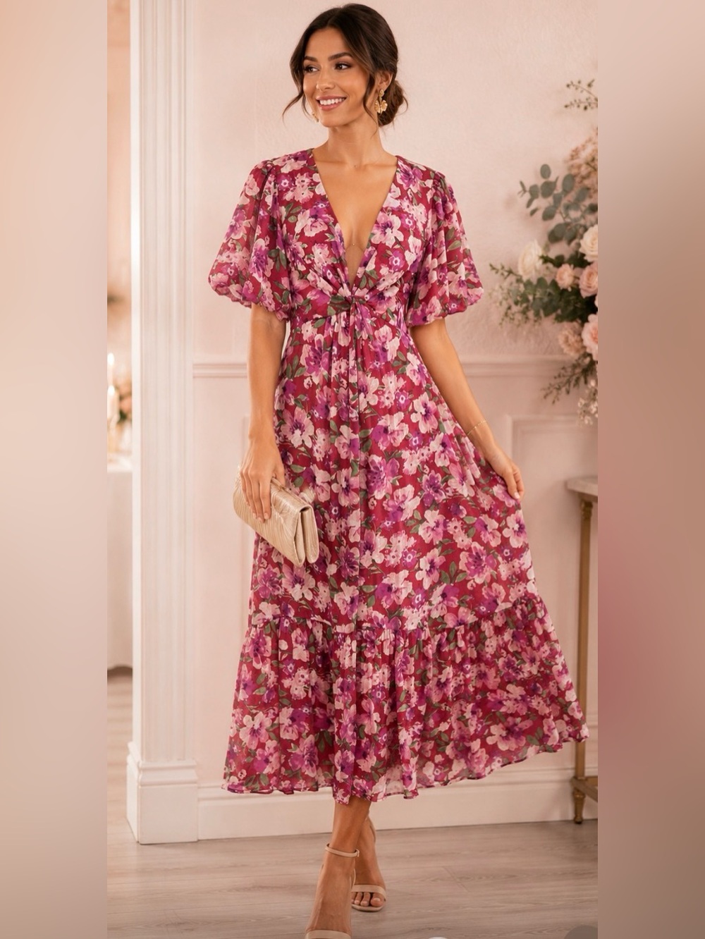 STORIA x Boutique 1861 Floral Maxi Wrap Dress in Raspberry Pink size large
